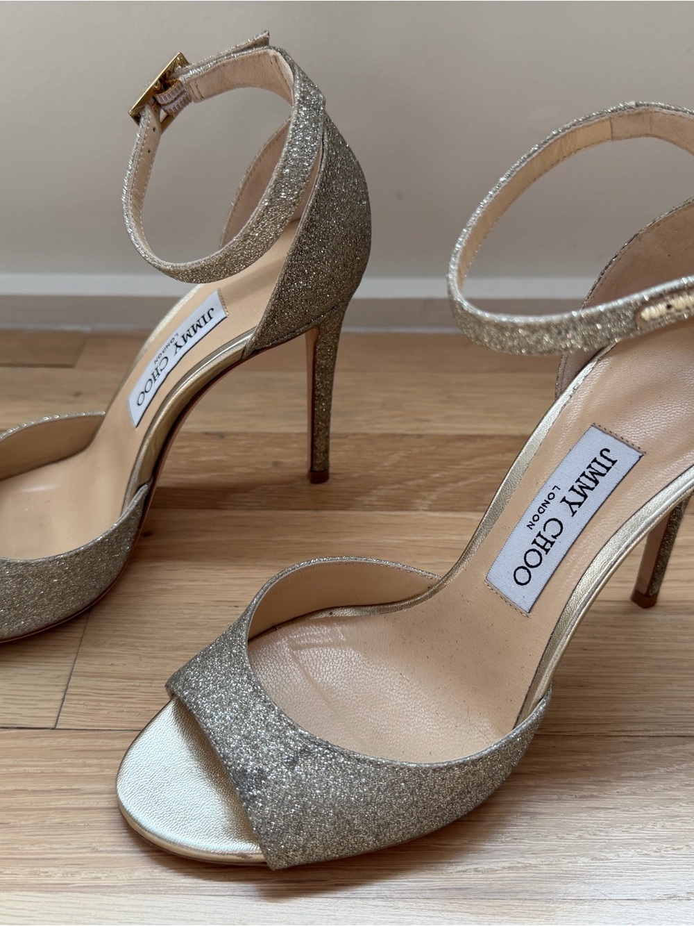 Jimmy Choo Gold Glitter Ankle-Strap Heels